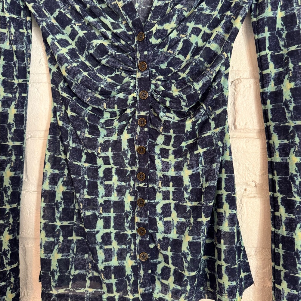 Free People Ruched Button Front Mesh Top Blue Green Print XS - Picture 3 of 5